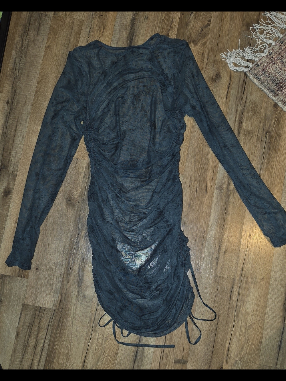 Ruched Long Sleeve Sheer Cover Up Dress - Grey
